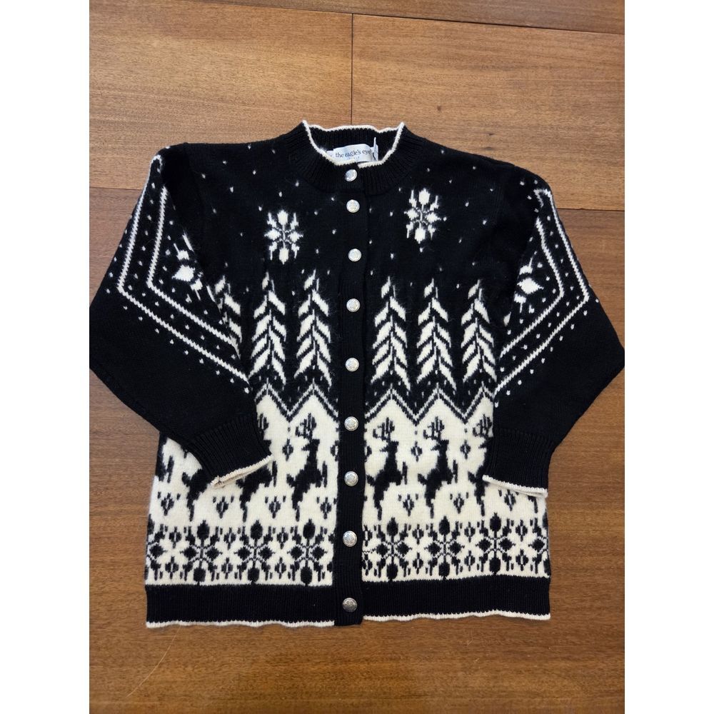 The Eagles Eye Studio Vtg Wool Cardigan Sweater Reindeer Snowflake‎ Black Medium
